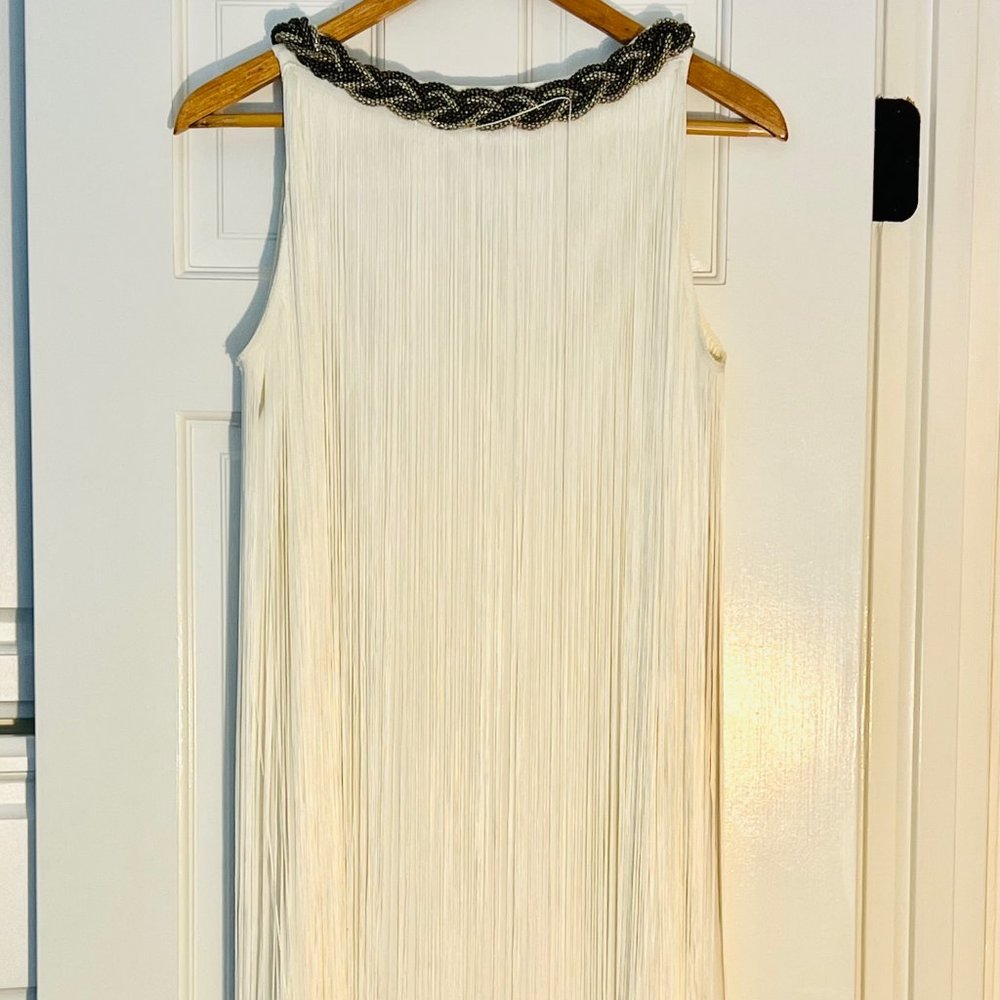 White fringe dress with metalic braid neck line